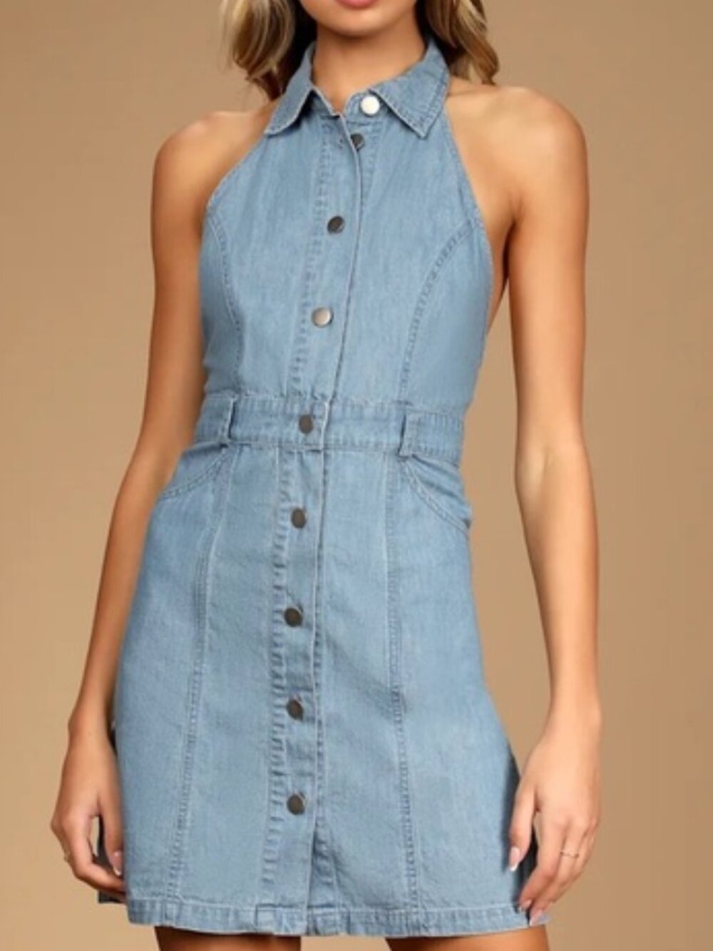 New Free People Sami Denim‎ Halter Minidress Bali Blue NWT Size XS